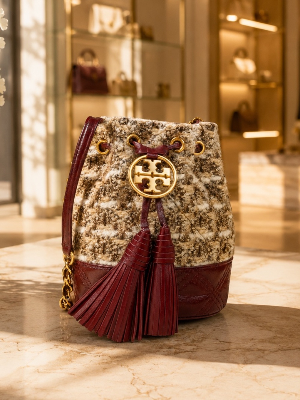 NEW Tory Burch Soft Fleming Tweed Multi Color Red Mini Bucket Bag/Crossbody Bag